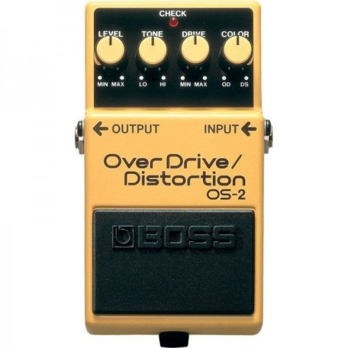 Pedal Boss OS-2 Overdrive/Distortion, un pedal capaz de producir saturación, distorsión, o una combinación de ambos.