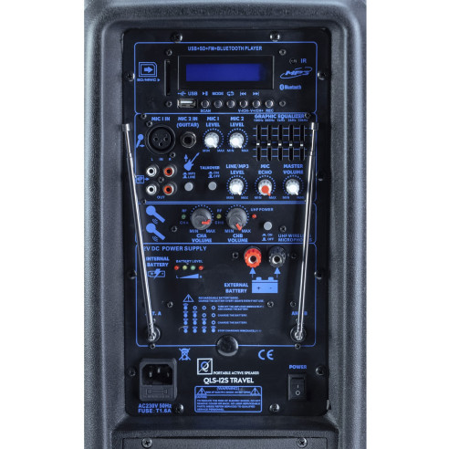 Comprar Altavoz con batería recargable OQAN QLS-12S TRAVEL, con 2 micrófonos inalámbricos UHF y 300w de potencia.