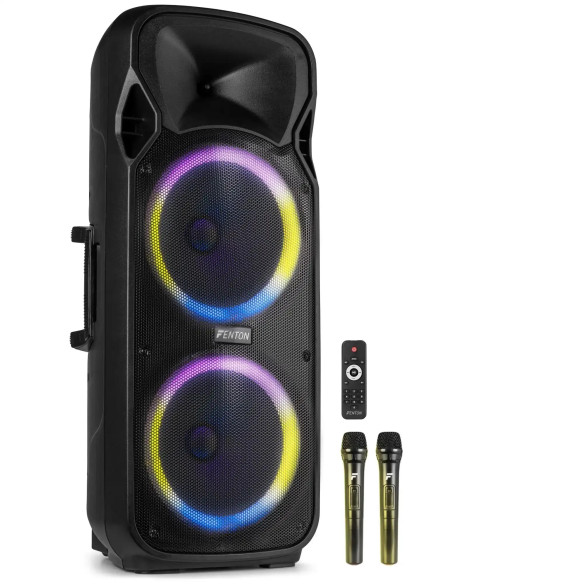 Fenton FT212LED MK2 Altavoz portátil con batería, 2x12" 1400W, Bluetooth y 2 Micrófonos UHF