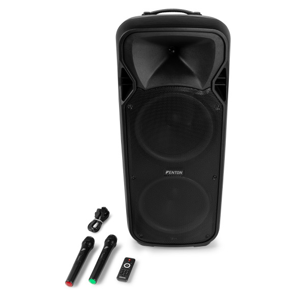 Fenton FT212LED MK2 Altavoz portátil con batería, 2x12" 1400W, Bluetooth y 2 Micrófonos UHF