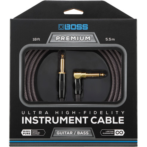 Cable de instrumento Boss Premium BIC-P10A con conectores de 1/4 de pulgada de recto a ángulo recto y 3 m de longitud.