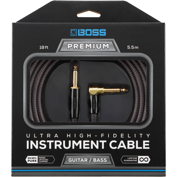 Cable de instrumento Boss Premium BIC-P10A con conectores de 1/4 de pulgada de recto a ángulo recto y 3 m de longitud.