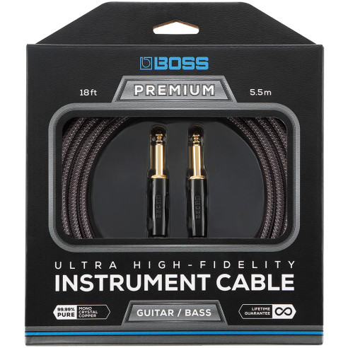 Cable de instrumento Boss Premium BIC-P18 con conectores rectos de 1/4 de pulgada y 5,5 m de longitud.
