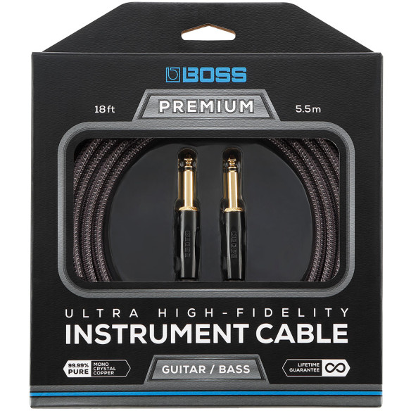 Cable de instrumento Boss Premium BIC-P18 con conectores rectos de 1/4 de pulgada y 5,5 m de longitud.