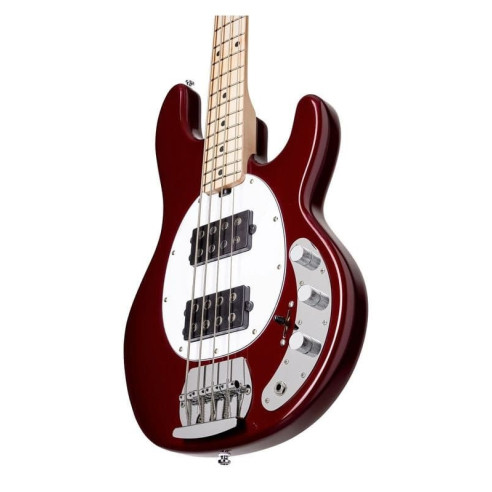 Bajo Eléctrico Sterling StingRay 4 HH con cuerpo de álamo configuración Pastillas H-H y acabado Candy Apple Red.