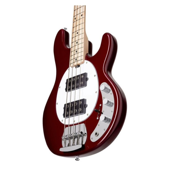 Bajo Eléctrico Sterling StingRay 4 HH con cuerpo de álamo configuración Pastillas H-H y acabado Candy Apple Red.