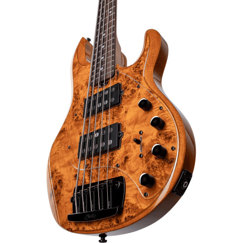 Sterling StingRay RAY35 Poplar Burl HH RM/R Bajo Eléctrico 5C Amber