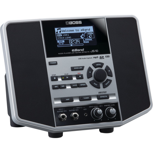 Sistema de sonido 2.1 Boss JS-10 con subwoofer integrado que proporciona un amplio rango de sonido con un potente bajo.