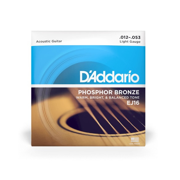 Juego de cuerdas para guitarra acústica d'Addario Phosphor Bronze EJ16, Light, calido, brillante y con buen equilibrio.