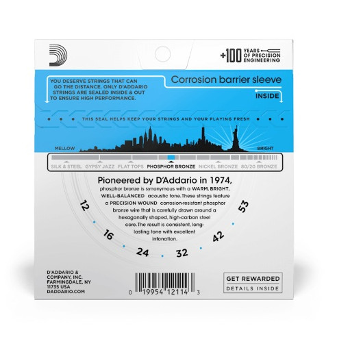 Juego de cuerdas para guitarra acústica d'Addario Phosphor Bronze EJ16, Light, calido, brillante y con buen equilibrio.