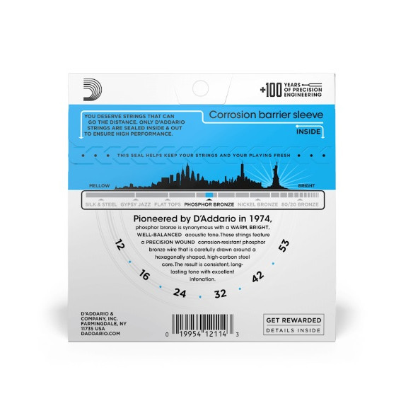 Juego de cuerdas para guitarra acústica d'Addario Phosphor Bronze EJ16, Light, calido, brillante y con buen equilibrio.