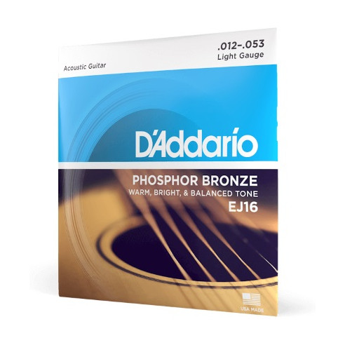 Juego de cuerdas para guitarra acústica d'Addario Phosphor Bronze EJ16, Light, calido, brillante y con buen equilibrio.