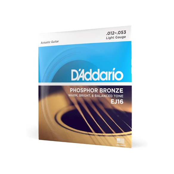 Juego de cuerdas para guitarra acústica d'Addario Phosphor Bronze EJ16, Light, calido, brillante y con buen equilibrio.