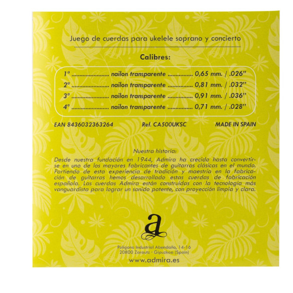 Juego de cuerdas para Ukelele Soprano y Concierto Admira CA500UKSC Nailon trasnparente.