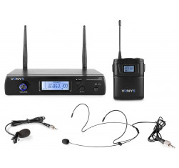 VONYX WM61B Sistema inalambrico Headset, y Levalier con petaca y receptor 16 canales seleccionables.