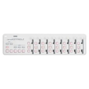 Controlador Korg Nanokontrol 2 White USB con 9 controladores rotativos, 9 faders y 18 switches.