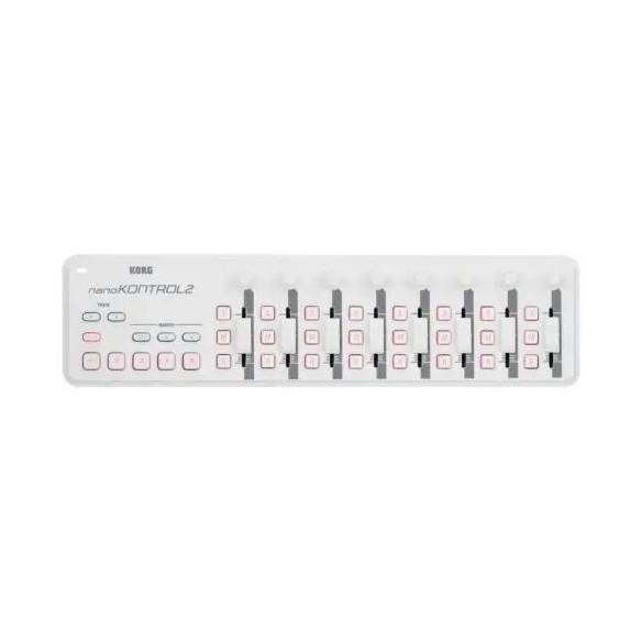 Controlador Korg Nanokontrol 2 White USB con 9 controladores rotativos, 9 faders y 18 switches.