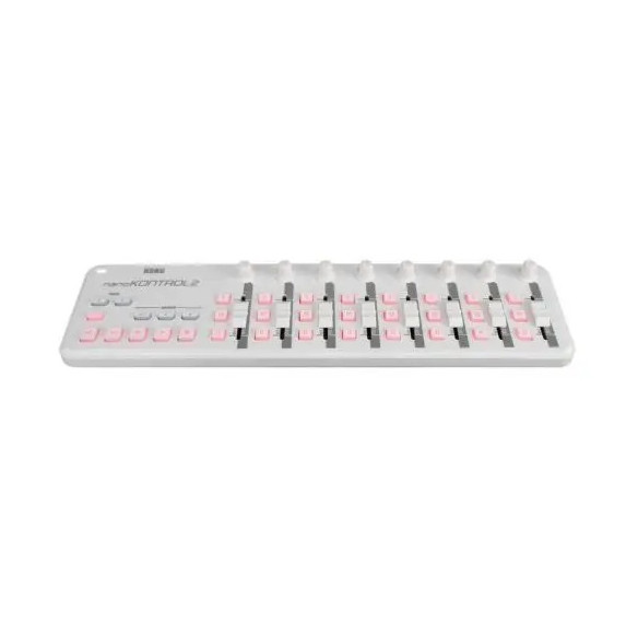 Controlador Korg Nanokontrol 2 White USB con 9 controladores rotativos, 9 faders y 18 switches.