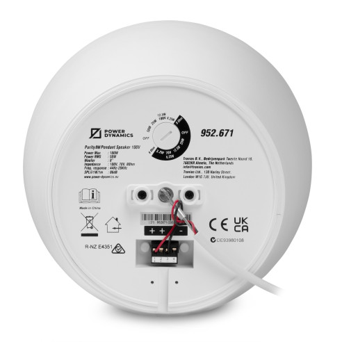 Power Dynamics PURITY 6W Altavoz Colgante Premium 100V 6.5" Blanco