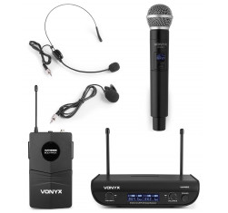 Micrófono inalambrico VONYX WM82C Digital UHF de 2 canales con micro de Mano y petraca con Headset y Levalier.
