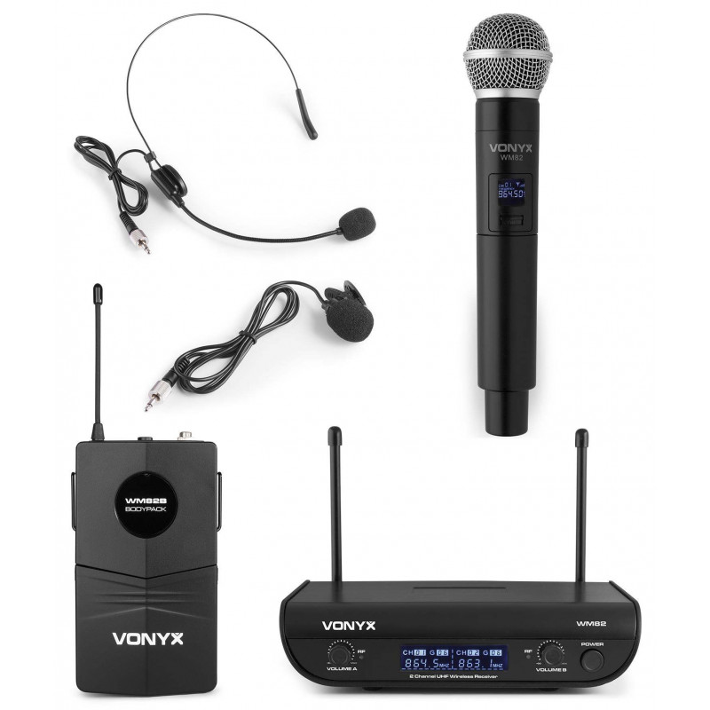 Micrófono inalambrico VONYX WM82C Digital UHF de 2 canales con micro de Mano y petraca con Headset y Levalier.