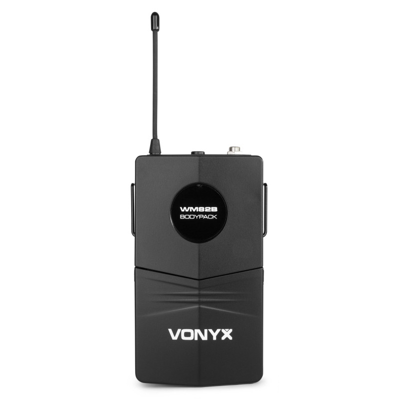 Micrófono inalambrico VONYX WM82C Digital UHF de 2 canales con micro de Mano y petraca con Headset y Levalier.