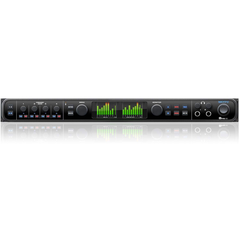 Interface de audio USB Motu 8PRE ES con conversores de A/D ESS Sabre32 DAC y dos pantallas a todo color.