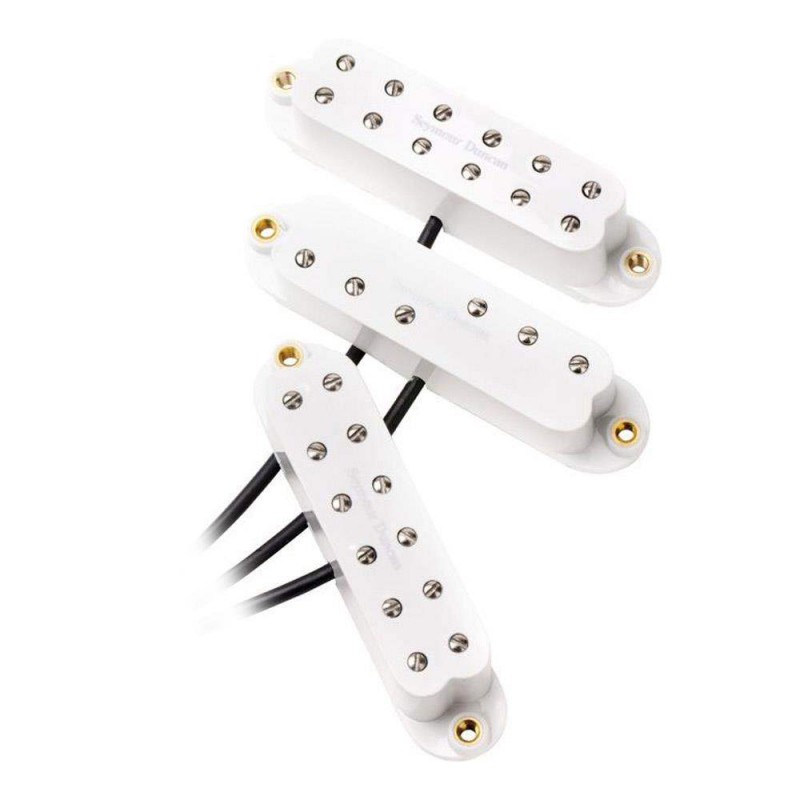 Set de humbuckers de tamaño single coil Seymour Duncan Everything Axe Little 59 en color blanco.