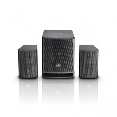 Sistema compacto autoamplificado LD Systems DAVE10 G3 de 350W RMS formado por 2 satelites inclinables y 1 subgraves. Sistema compacto autoamplificado LD Systems DAVE10 G3 de 350W RMS formado por 2 satelites inclinables y 1 subgraves.