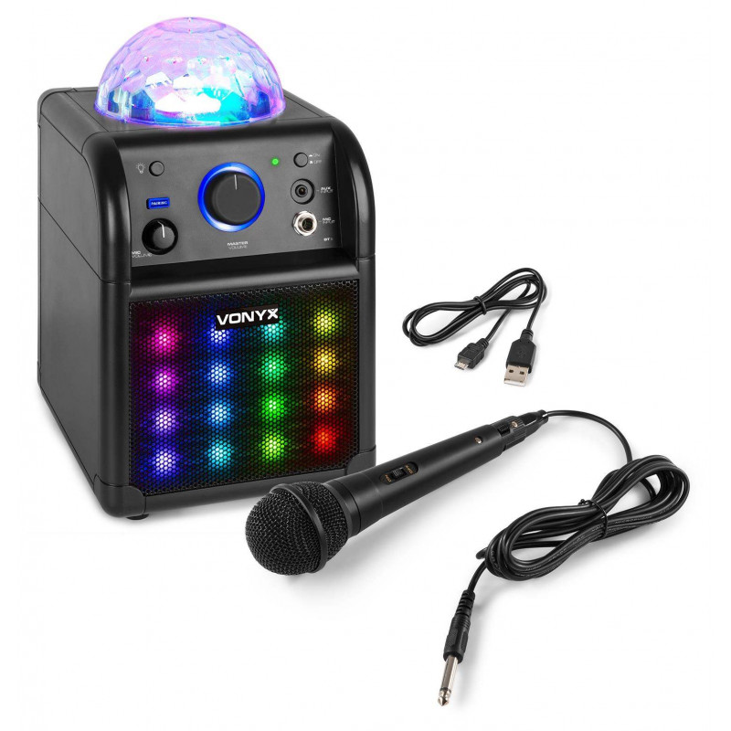 Conjunto Karaoke Negro con luces LED Fenton SBS50B-PLUS, un altavoz Party 50W con luces LED, y BT para audio streaming.