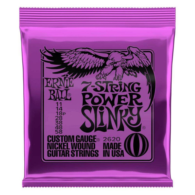 Juego de 7 Cuerdas para Guitarra Electrica Ernie Ball Power Slinky Nickel Wound 2620, Calibre 11-58