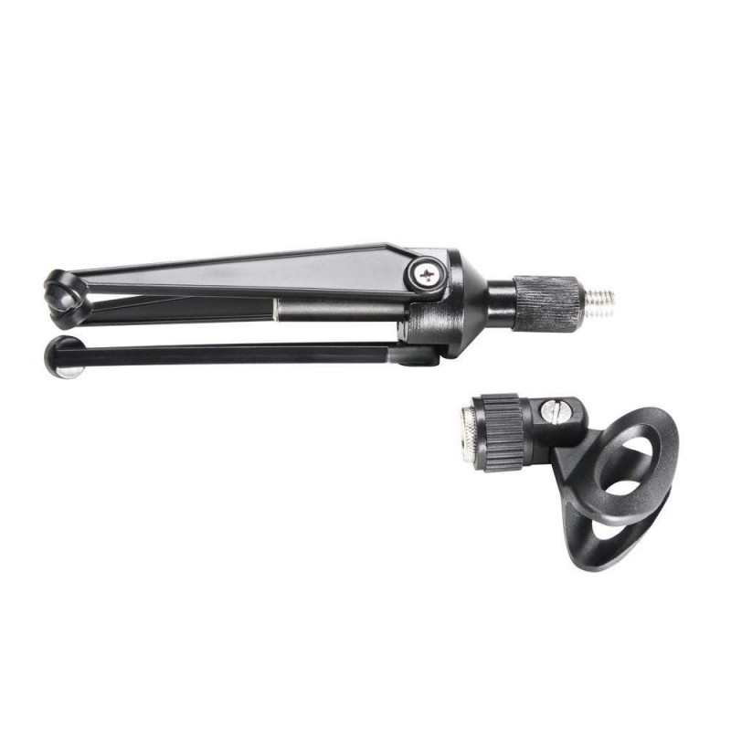 Pie de micrófono de sobremesa Adama Hall S8B plegable, de color negro y con pinza.