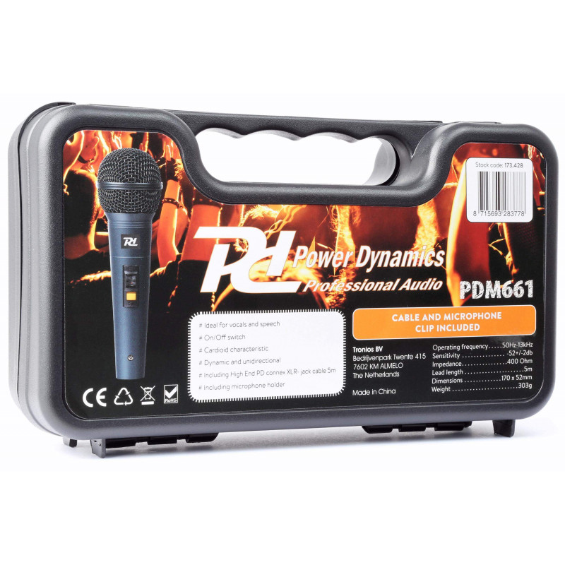 comprar Micrófono dinamico Cardiode POWER DYNAMICS PSM661, para voz,incluye cable, pinza y caja rígida.