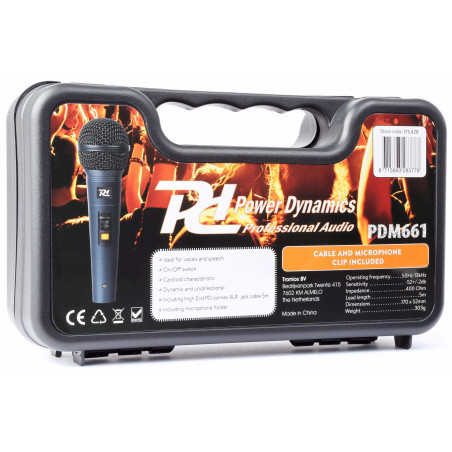 comprar Micrófono dinamico Cardiode POWER DYNAMICS PSM661, para voz,incluye cable, pinza y caja rígida.