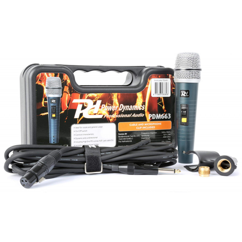 comprar Micrófono dinamico Cardiode POWER DYNAMICS PDM663, para voz,incluye cable, pinza y caja rígida.