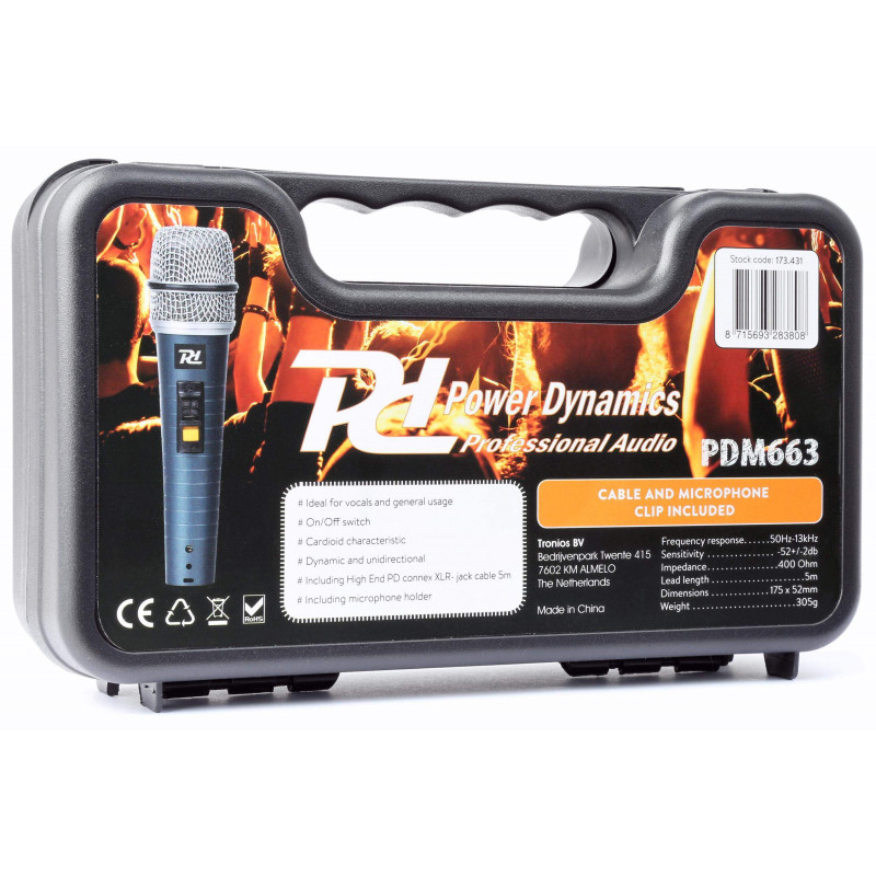 comprar Micrófono dinamico Cardiode POWER DYNAMICS PDM663, para voz,incluye cable, pinza y caja rígida.