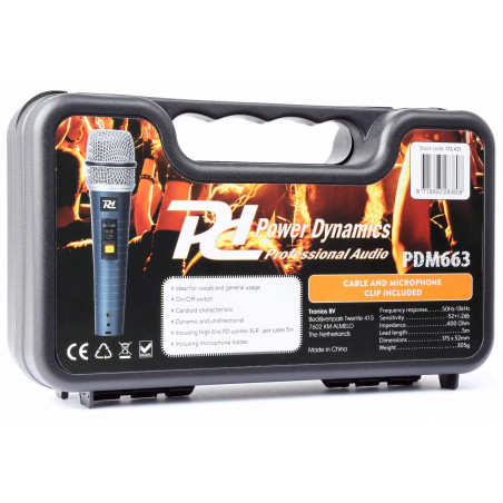 comprar Micrófono dinamico Cardiode POWER DYNAMICS PDM663, para voz,incluye cable, pinza y caja rígida.