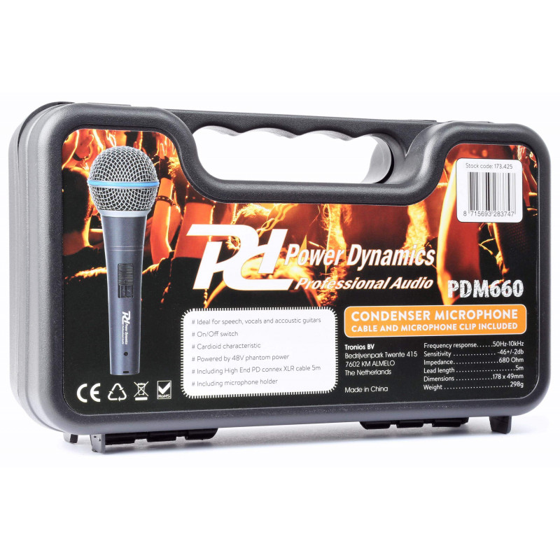 comprar micrófono cardioide de condensador Power Dynamics PSM660 ideal para conferencias, uso vocal y guitarra acústica.
