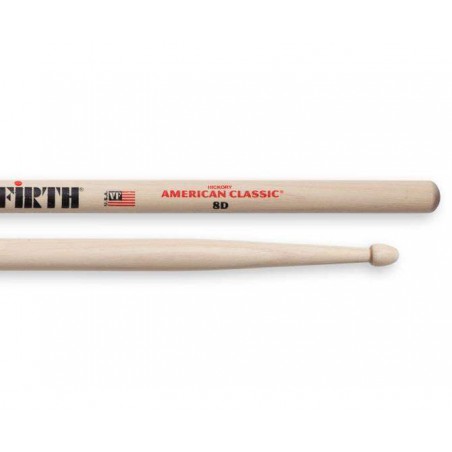 Baquetas Vic Firth 8D American Classic Hickory, como la 7A pero con un poco más de alcance.