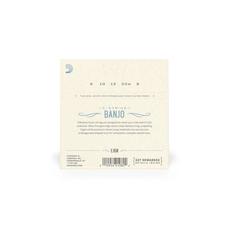 comprar Juego de cuerdas para Banjo d'Addario EJ60 Para banjo de 5 cuerdas, níquel, calibre fino, 9-20.