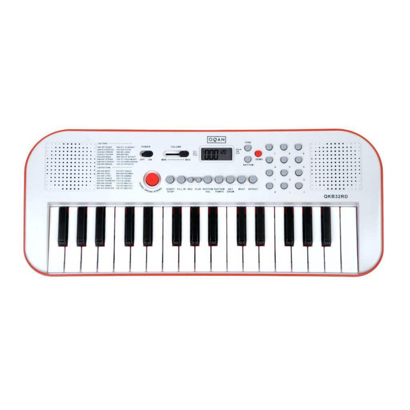Teclado Oan QKB32RD Rojo, Organo de 32 teclas mini con 128 sonidos y 128 ritmos. Puede ir con pilas o con alimentador.