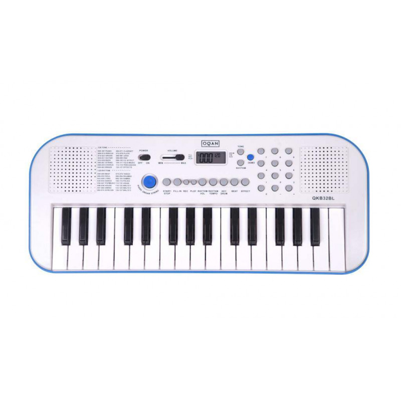 Teclado Oan QKB32BL Azul, Organo de 32 teclas mini con 128 sonidos y 128 ritmos. Puede ir con pilas o con alimentador.