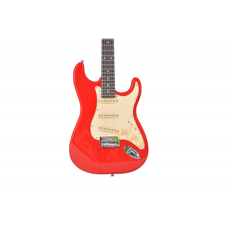 Guitarra Eléctrica tipo Strato con cuerpo macizo Oqan QGE-RST2 Red RIFF Series. Acabado en Rojo.