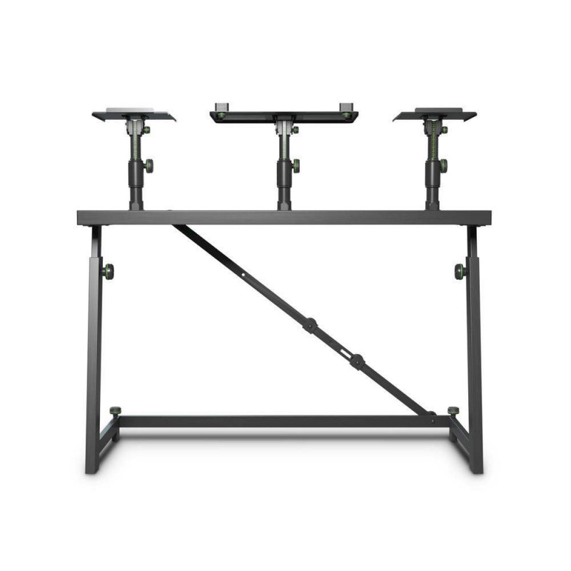 Mesa de DJ Gravity FDJT 01 con bandejas giratorias e inclinables para altavoces y portátil.