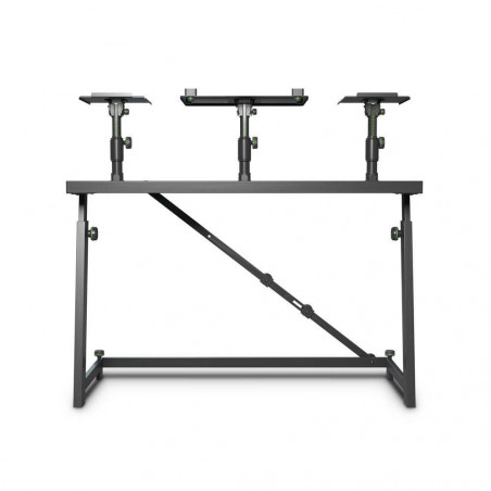 Mesa de DJ Gravity FDJT 01 con bandejas giratorias e inclinables para altavoces y portátil.