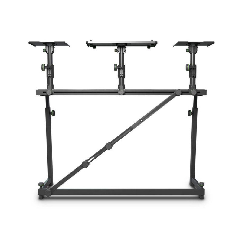 Mesa de DJ Gravity FDJT 01 con bandejas giratorias e inclinables para altavoces y portátil.