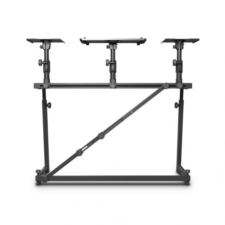 Mesa de DJ Gravity FDJT 01 con bandejas giratorias e inclinables para altavoces y portátil.