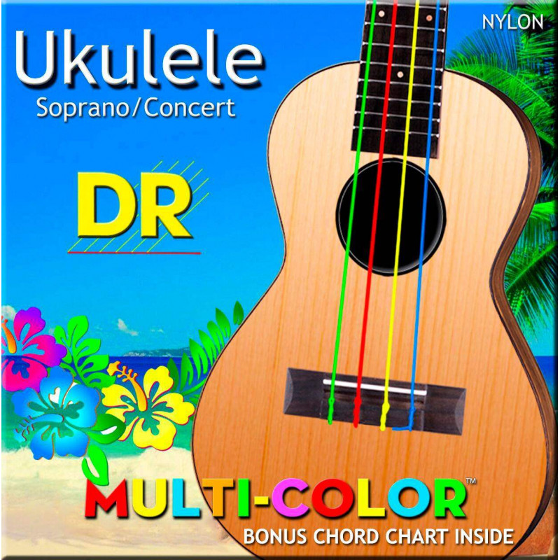 Juego de cuerdas para Ukelele Soprano o Concert de Nylon DR Strings UMCSC Multi-color Calibre 24-30-36-26.