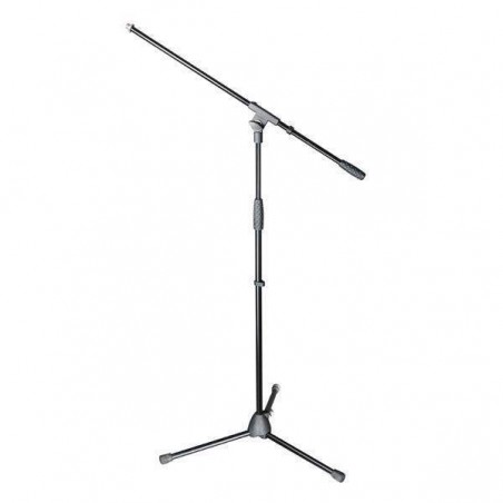 Pie de micro con jirafa S5B3 económico para escenario en color negro. Altura de 98 a 162cm. y brazo-jirafa fijo de 76cm.