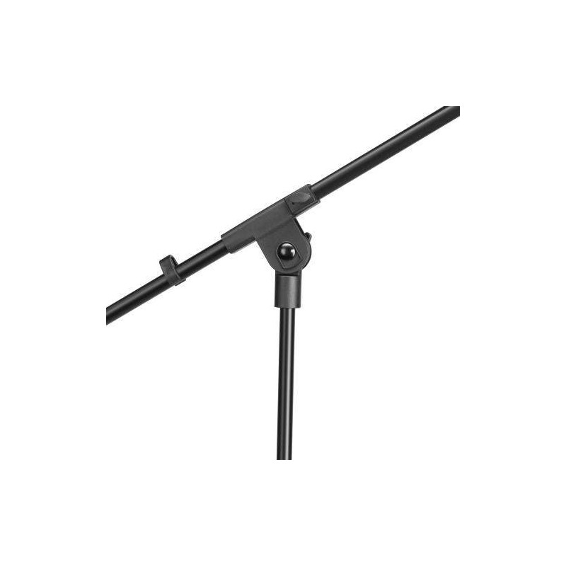 Pie de micro con jirafa S5B3 económico para escenario en color negro. Altura de 98 a 162cm. y brazo-jirafa fijo de 76cm.